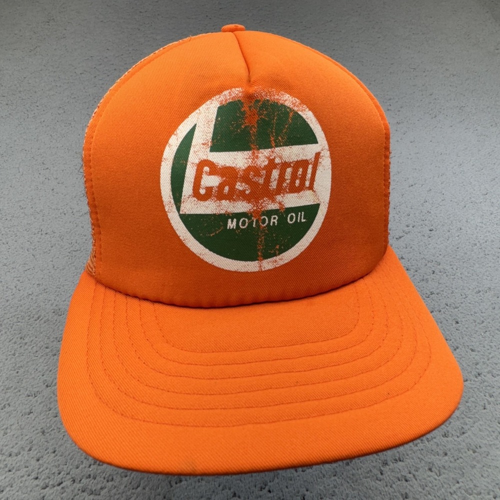 Vintage Castrol Hat Cap Snap Back‎ Orange Mesh Trucker Patch Graphic Mens 80s